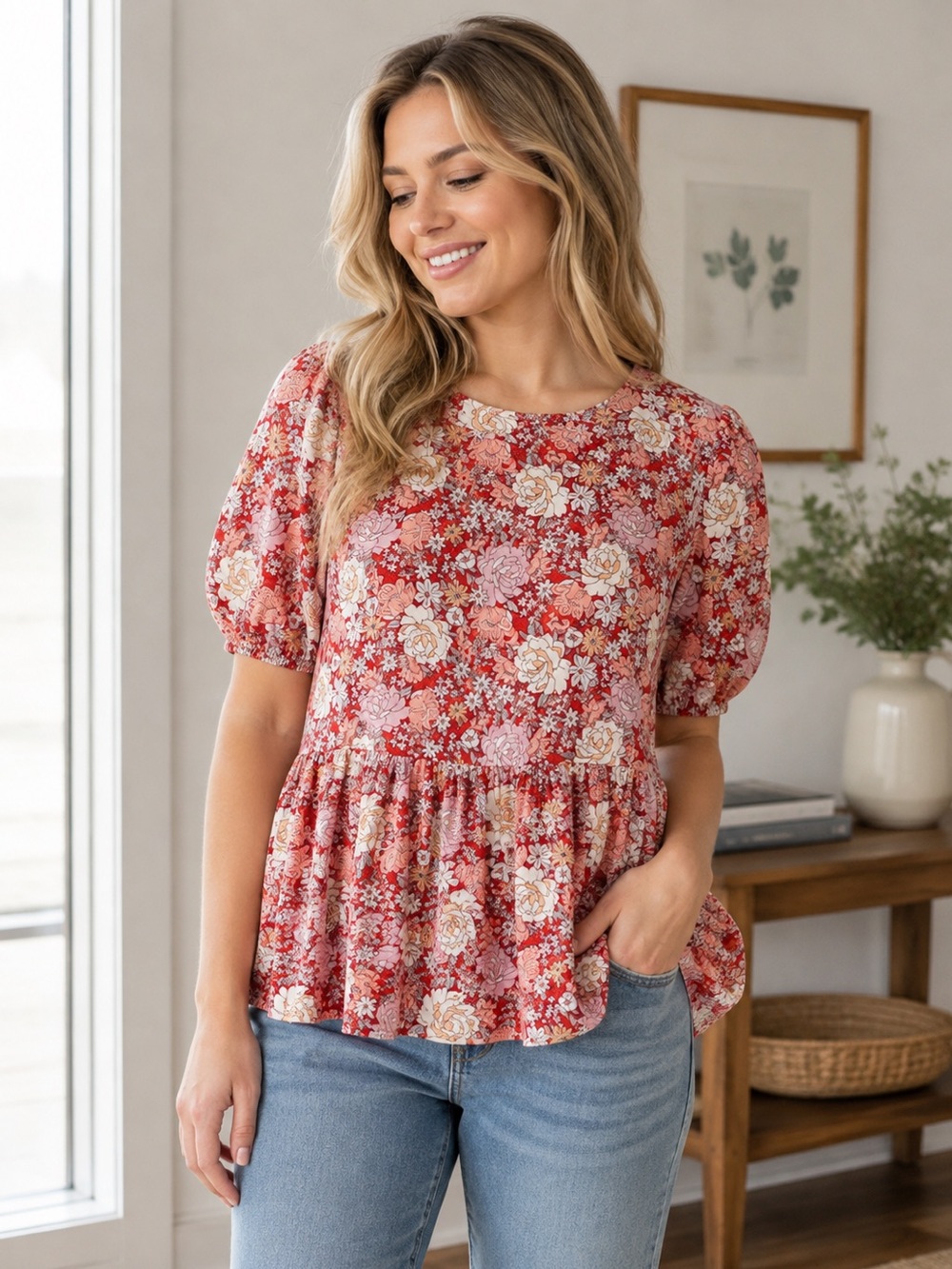 W5 Short Sleeve Floral Babydoll Top Medium Cottagecore Prairie‎ Romantic Floral